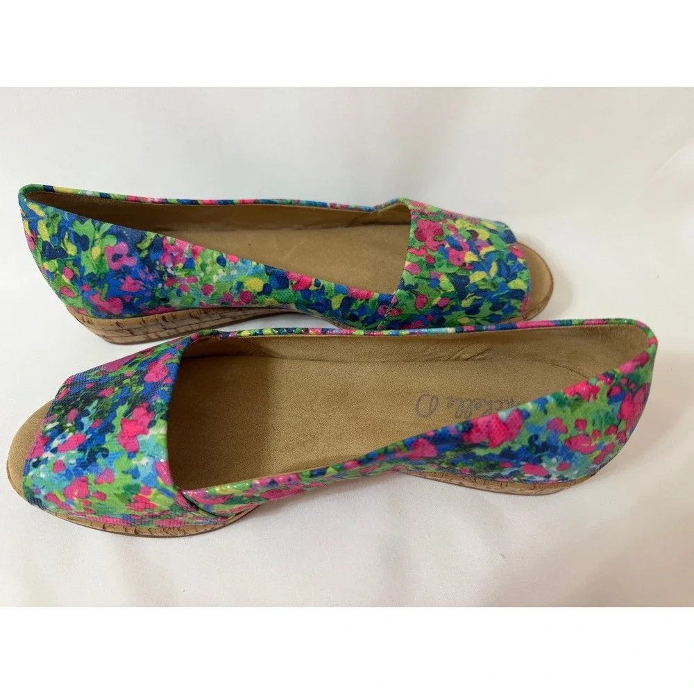 Michelle D Ellena Floral Peep Toe Wedge Shoes Multi Color Cork Heel 9.5 M